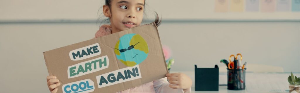 Kleines Mädchen mit selbstgebasteltem Plakat, auf dem der Slogan "Make Earth cool again!" steht