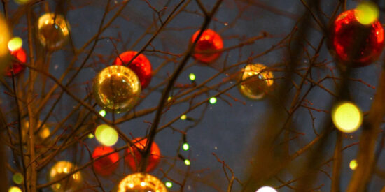 Christbaumkugeln funkeln an kahlen Ästen in die Nacht.