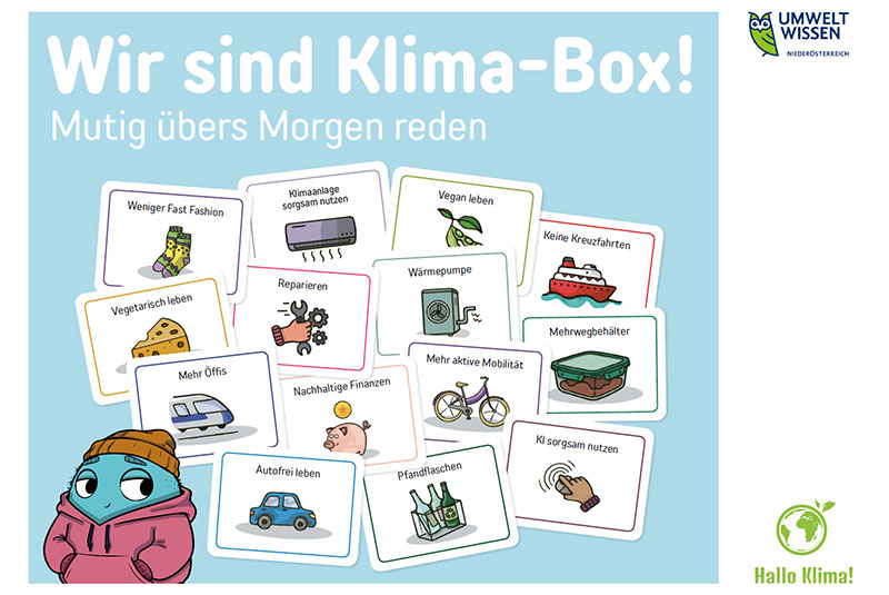 Das hellblaue Cover der Klimabox zeigt unterschiedliche Themenkärtchen wie "Pfandflachen" oder "Vegetarisch leben"