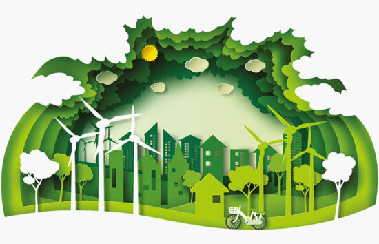 Eine Stadt mit vielen Windrädern umgeben von Grün in Papercut-Optik