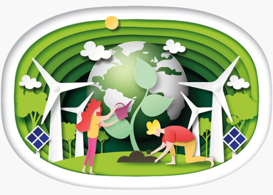 Windräder und zwei Menschen, die eine Pflanze einsetzen, in Papercut-Optik